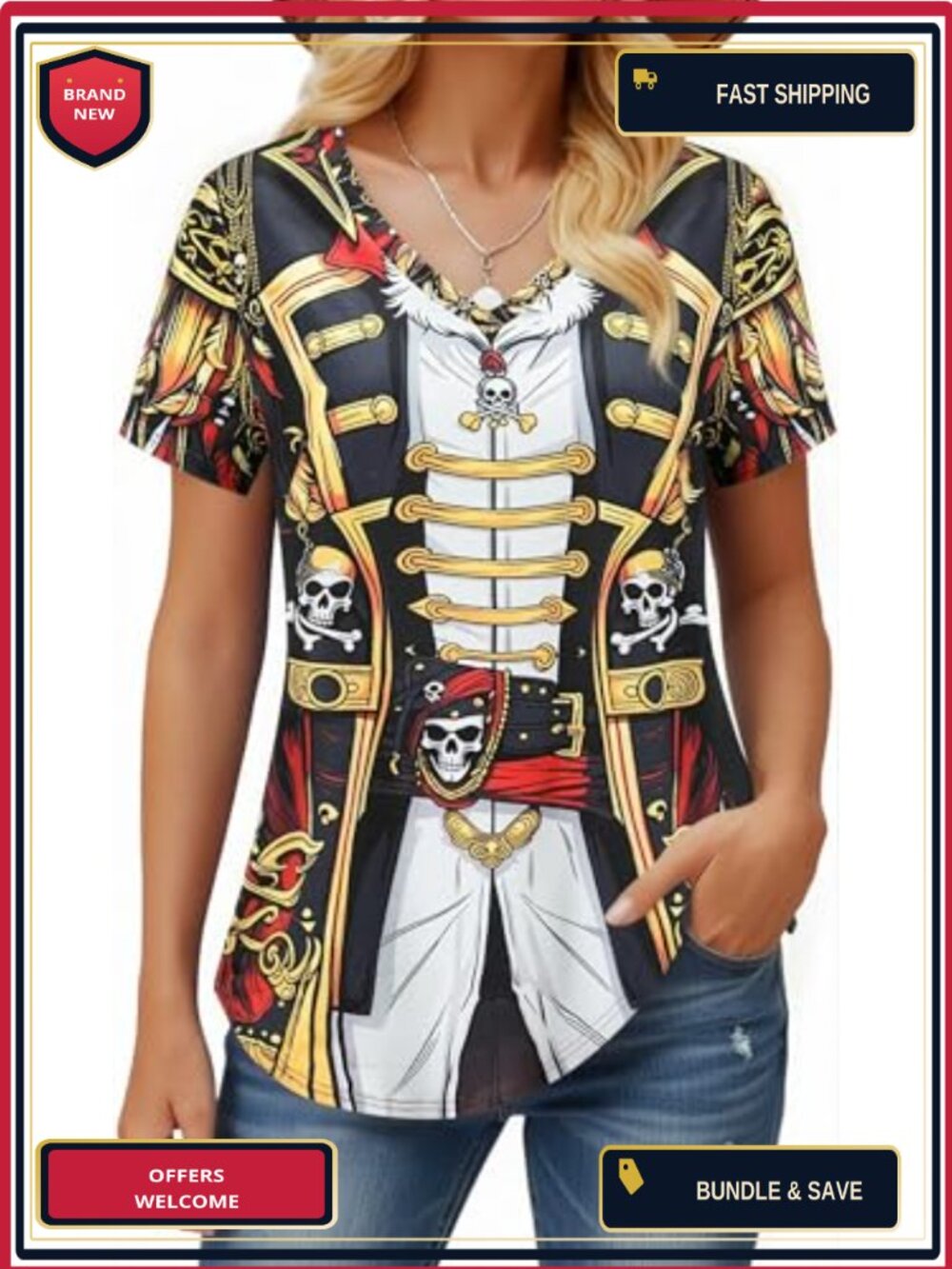 Womens Pirate Costume T-Shirt V Neck Short Sleeve Novelty Tee